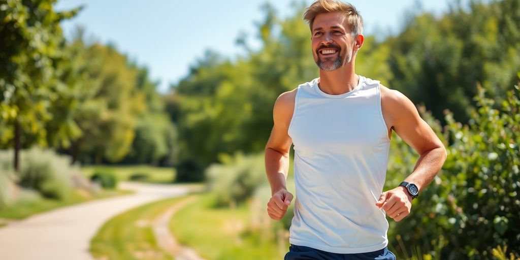 Happy man jogging in nature, promoting men's wellness.