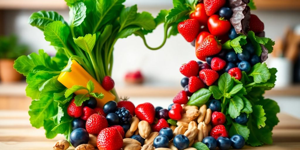 Heart-shaped arrangement of healthy fruits and vegetables.