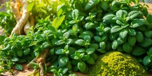 Fresh herbs for energy: ginseng, peppermint, and matcha.