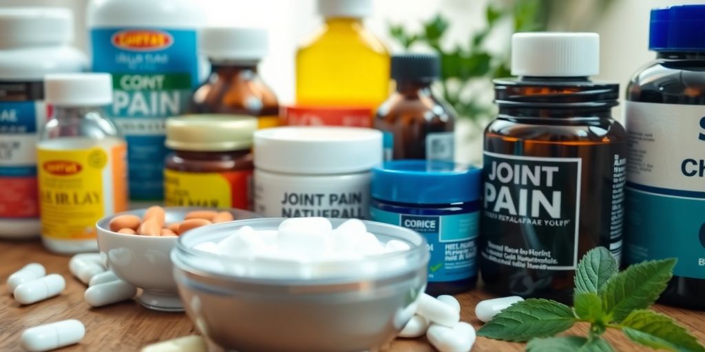 Assorted joint pain relief products on a wooden table.