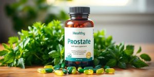 Healthy prostate supplement bottle with herbs and capsules.